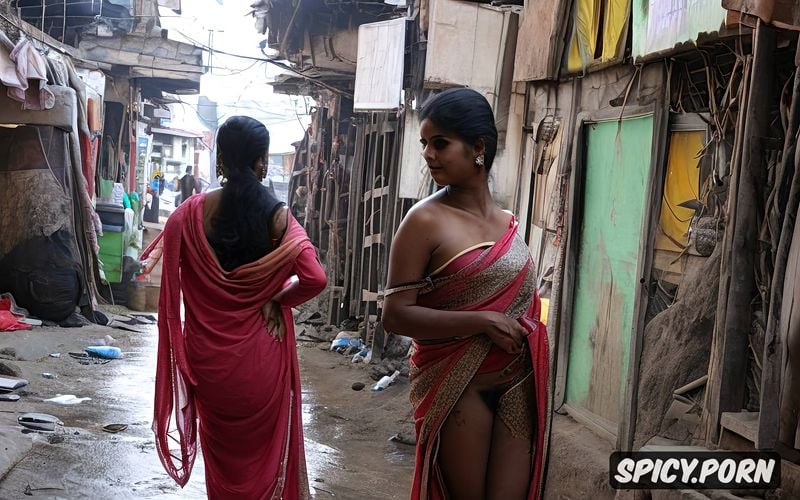 pretty face, pussy lips visible, woman, slim, walking in busy slum street