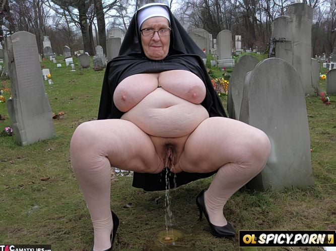 grave with headstone in a cemetery, nun dressed, fat legs, cellulite