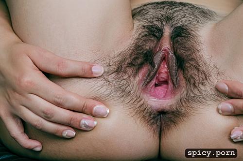 crotch, spread, hairy outer pussy and around asshole, wet, big pussy lips