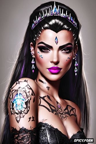 tattoos masterpiece, ultra detailed, sombra overwatch beautiful face young tight low cut black lace wedding gown tiara