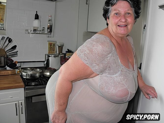 granny, transparent nightgown, fat, big belly, looking at viewer