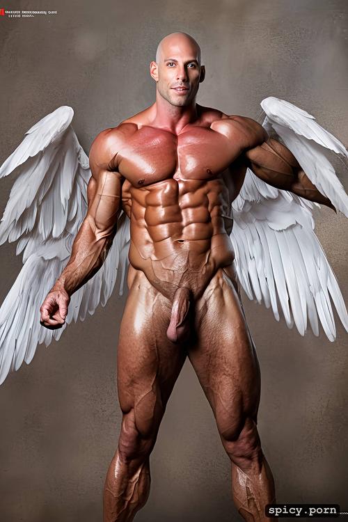 brilliant colored photo, genuine human skin, johnny sins as an angel with integrated white wings