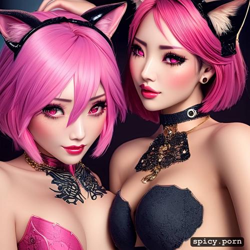 shower, cat ears, 19 years, korean female, perky boobs, pink hair
