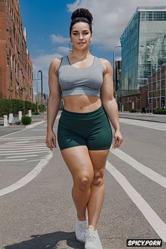 athletic body, short, colored photography, cute face, chubby muscular ghetto woman