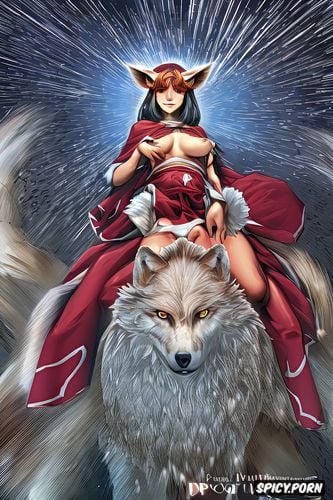 franz marc, fat belly, wolf paw, peincess mononoke squatting riding on a giant wolf