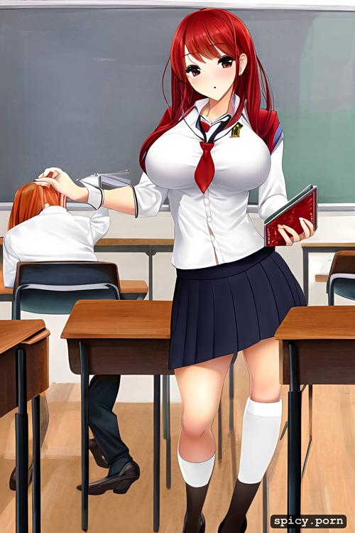 school uniform, athletic, red hair, standing by desk, classroom