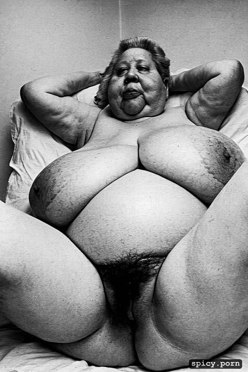 giant breasts, color photography, spreading legs, frontal, heavily obese