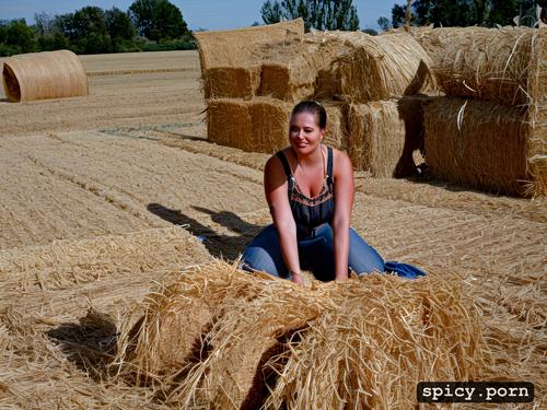 hay bales, photorealistic, scarecrow, pumpkin patch, corn stalks