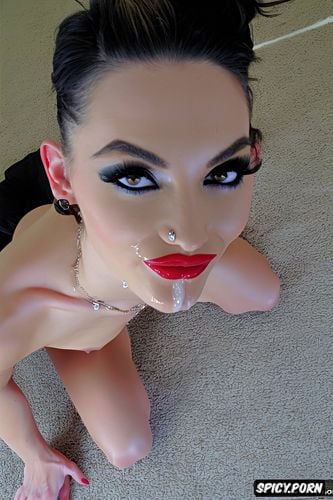 bimbo lipstick, eye contact, huge botox lips, cute teen, cum all over face