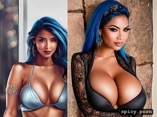 blue hair, happy face, big boobs, long hair, 18 yo, latina lady