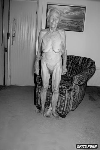 very old granny, naked, indoors, holding small saggy breast