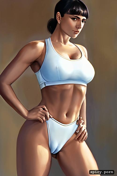 front view, plain, spandex, white woman, medium ass, sports bra