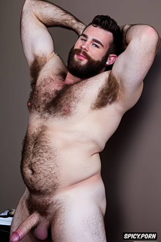 solo chubby hairy gay man with a big dick showing full body and perfect face beard showing hairy armpits indoors beefy body dark brown hair vintage gay porn star