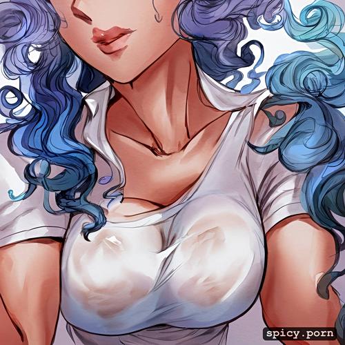 close up, perfect body, blue hair, cute face, precise lineart