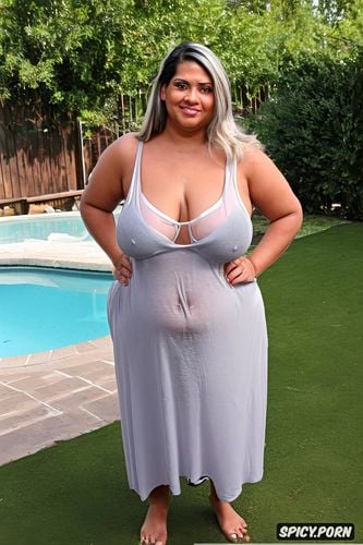 thick, near inflatable pool, wearing a wet sleeveless loose coton light grey night gown