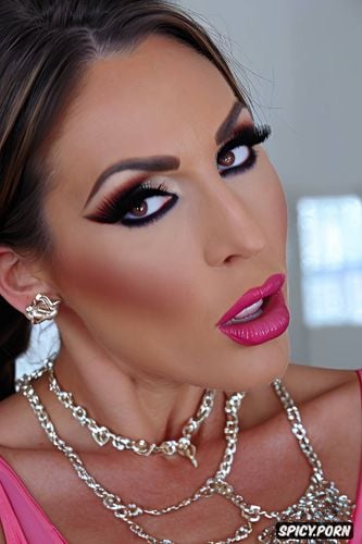 face closeup, slut makeup, thick lip liner, pink lipstick, eye contact