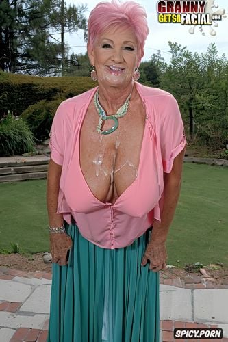cum on tits, taking a cumshot on her face, cum string, but granny is showing her naked busty boobs and has pink hair