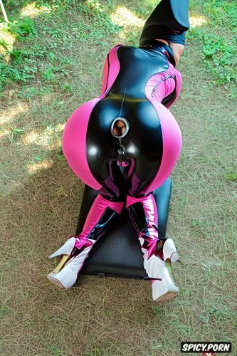 on all fours on the ground, sexy stunning ahegao open mouth horney thai woman with round massive butt and round hips in sexy black pink spandex catsuit with gloves