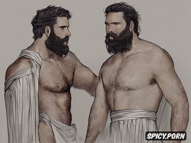 full length portrait, dark hair, lowhangers, rough artistic sketch of a bearded hairy man wearing a draped toga