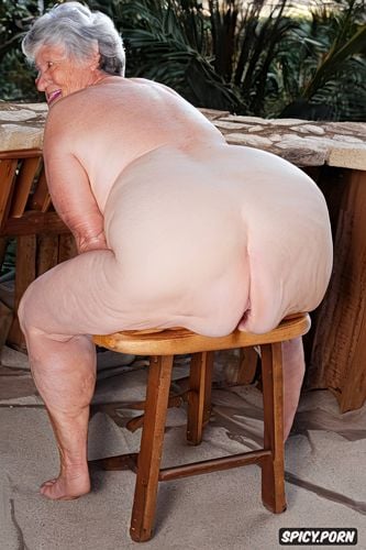 centered, rear view, enormous ass, leaning on table, white granny