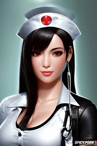 tifa lockhart final fantasy vii remake female nurse black nurse scrubs white undershirt scrub top opened beautiful face young