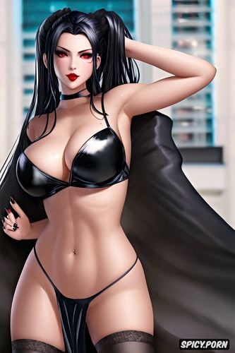 shiny, and massive big juicy thousand cc breasts with perky hard nipples that are peaking through the kimono kuro wears black a pitch black kimono that slightly covers her oiled curvy divine body her shoes are long