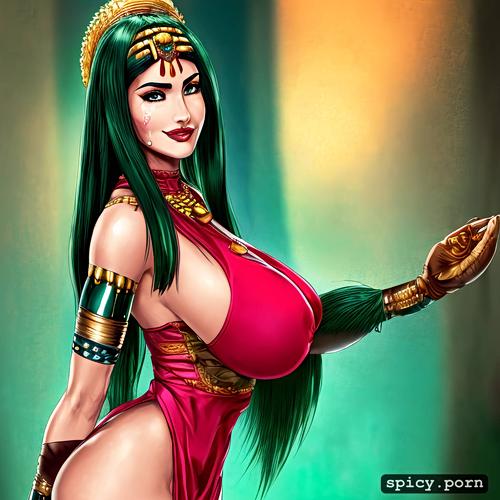 masterpiece, curvy body, green long hair, perky boobs, cleopatra