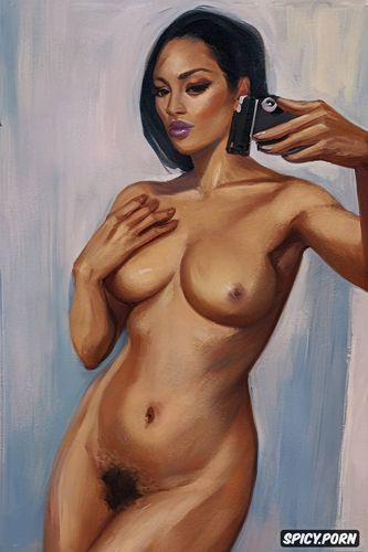 nude woman, taking selfie photo, standing in a bedroom, naked front view