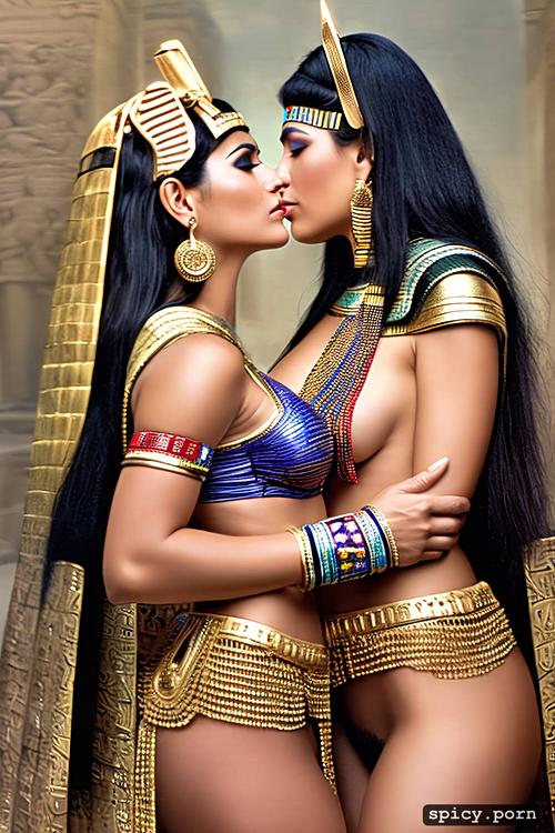 two women, kissing, egypt, gorgeous face, curvy 30 yo cleopatra