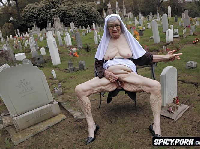 very old granny, zombie, cemetery, catholic nun, big nipples