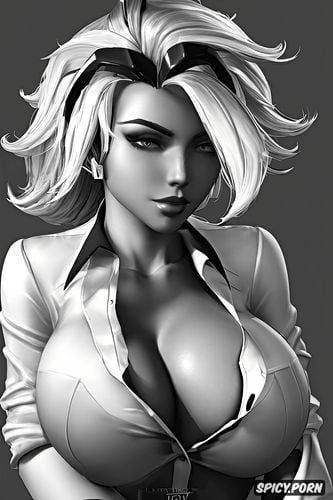 ultra detailed portrait, ultra realistic, mercy overwatch female president of the united states black blazer white shirt shirt unbuttoned beautiful face chest tattoos milf