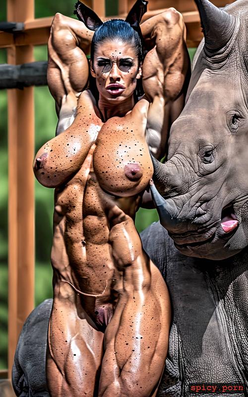 pain, perfect face, realistic, strength effort, amazon, nude muscle woman vs rhino