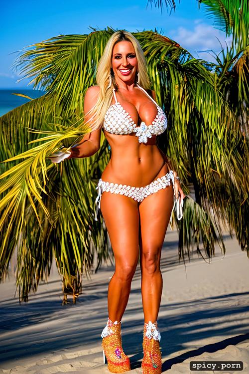 flawless perfect stunning smiling face, 39 yo beautiful performing white rio carnival dancer at copacabana beach