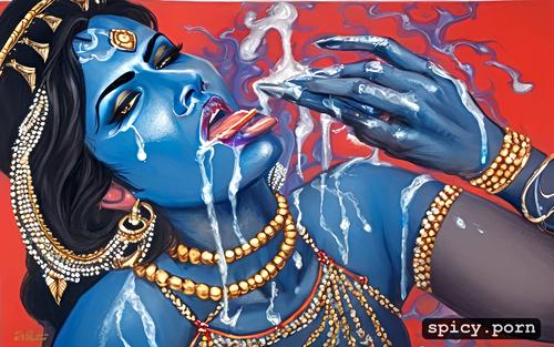 dripping cum from face, blue skin, angry, indian godess kali