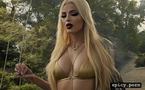 stood upright, singer era istrefi a singer from kosovo, gold bling hanging on chains around neck