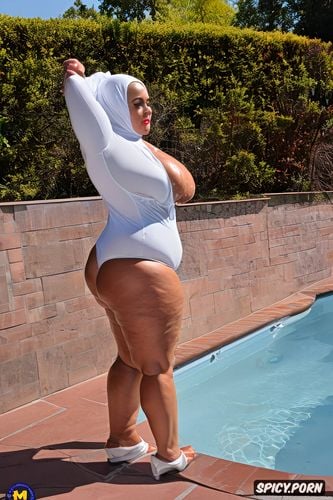 fat arms, hijab, fat apple body, happy white chubby milf and white man