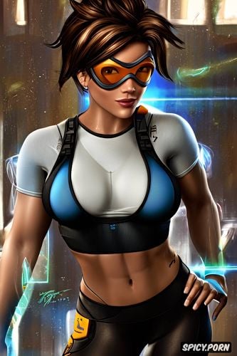 abs, ultra realistic, tracer overwatch female yoga instructor yoga studio tight sports bra tight yoga pants beautiful face portrait muscles