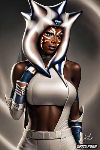 masterpiece, ultra detailed, ahsoka tano star wars ahsoka beautiful face slutty black jedi robes small perky natural breasts