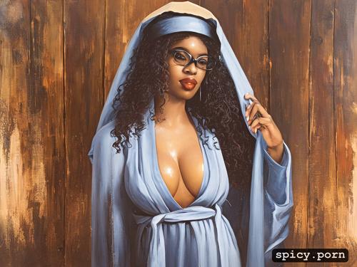 black lady, pretty face, oiled body, medium boobs, nun, curly hair