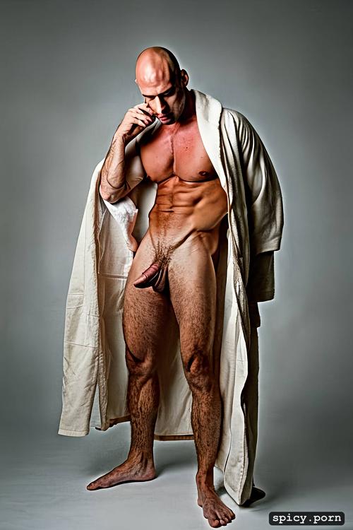 he opens front, with white bathrobe, thick shaft, maxi length