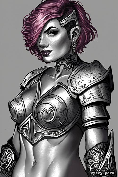 women s armor, vibrant, bobcut hair, perky breasts, cute face