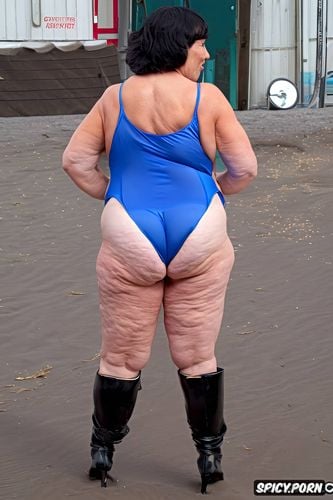 an old obese and tall brunette, pale skin, walking on the beach