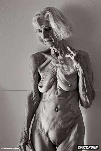 hanging, ultra realisic, geriatric elderly woman, empty hanging saggy tits