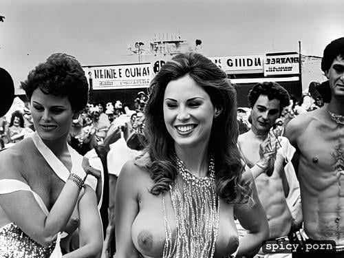 large saggy breasts, lui magazine, nudist beauty contest from the 1970 s with nude women lined up on stage posing for the miss nude usa crown they have very hairy pussies