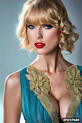 blonde, 35 years old, elaborate dress, natural boobs