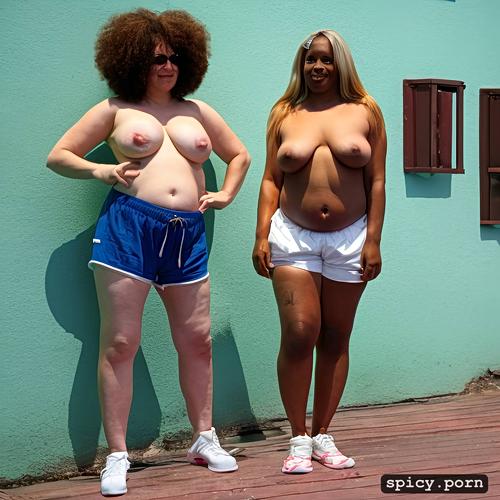 topless, sagging out belly, a standing bbw short woman wearing long baggy shorts