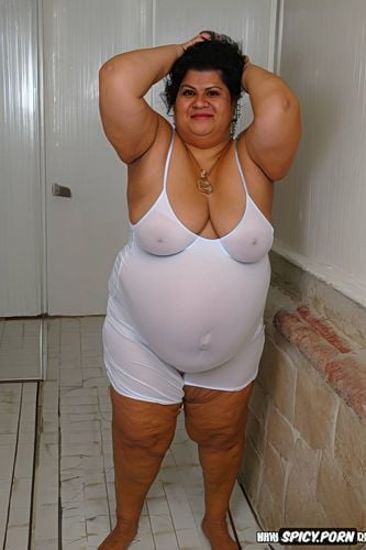 she smile, full body shot, a photo of a short ssbbw hispanic pregnant granny standing up in the badroom