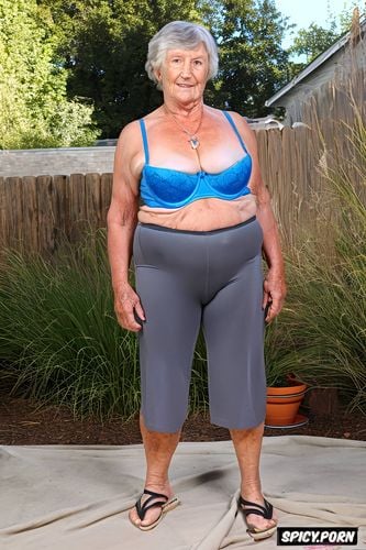 saggy, wearing spandex jeans, old irish granny, background patio