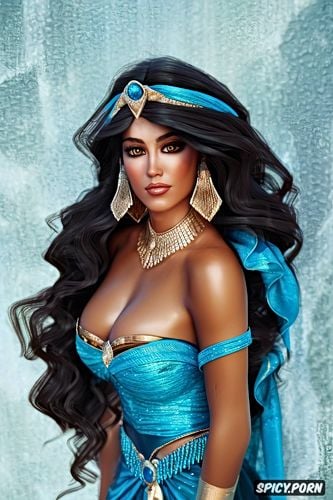 brown eyes, diadem, flowing low cut sheer blue arab dress, masterpiece