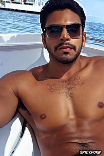 sexually masculine, close up on face, casual photo, relaxing in boat